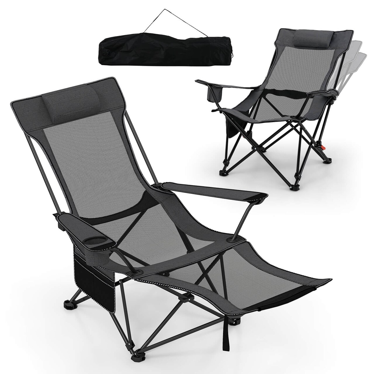 Goplus Camping Lounge Chair with Detachable Footrest & 4-Position Backrest Carrying Bag Green/Gray